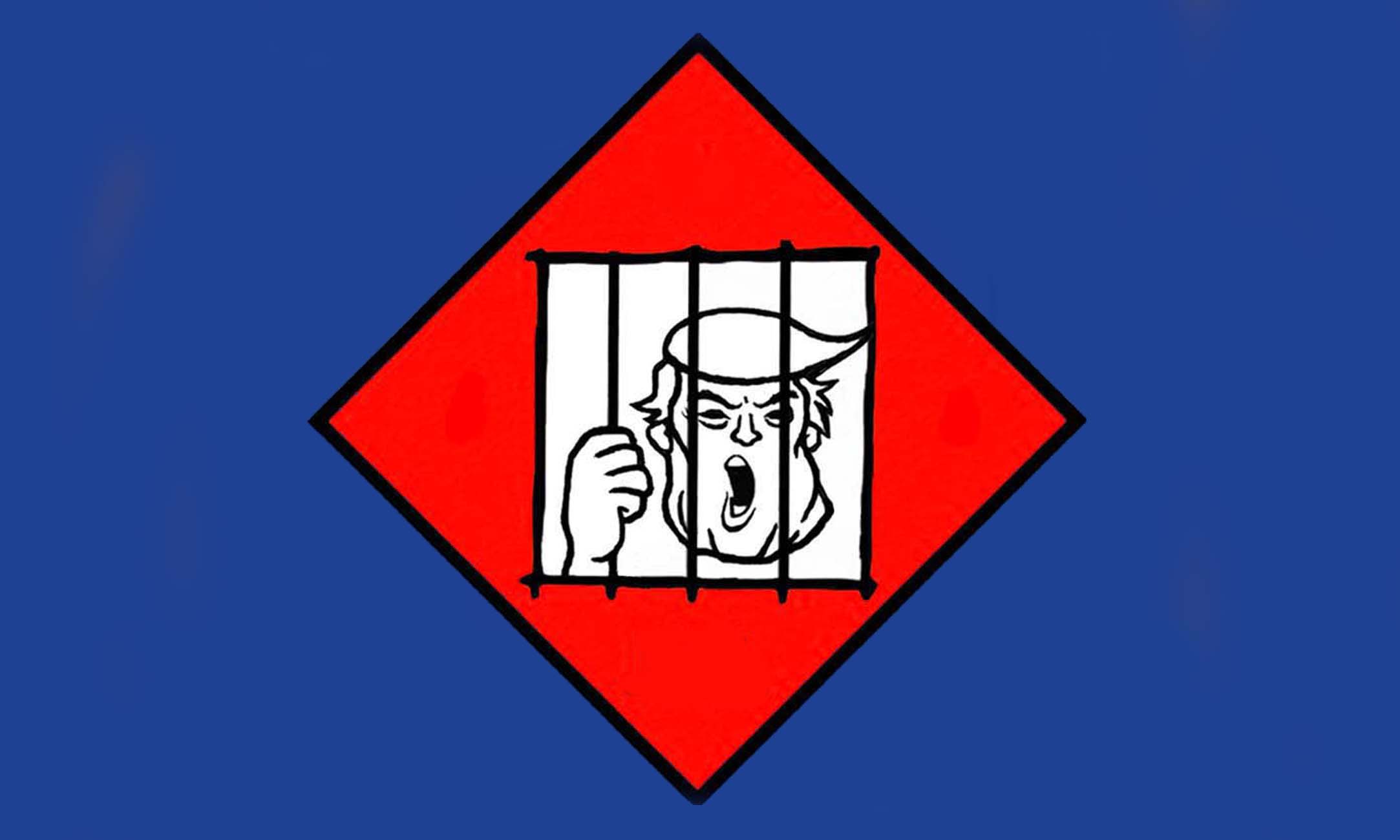 Anti-Trump Flag: A flag with a caricature of the face of Donald Trump behind bars in jail but no motto added