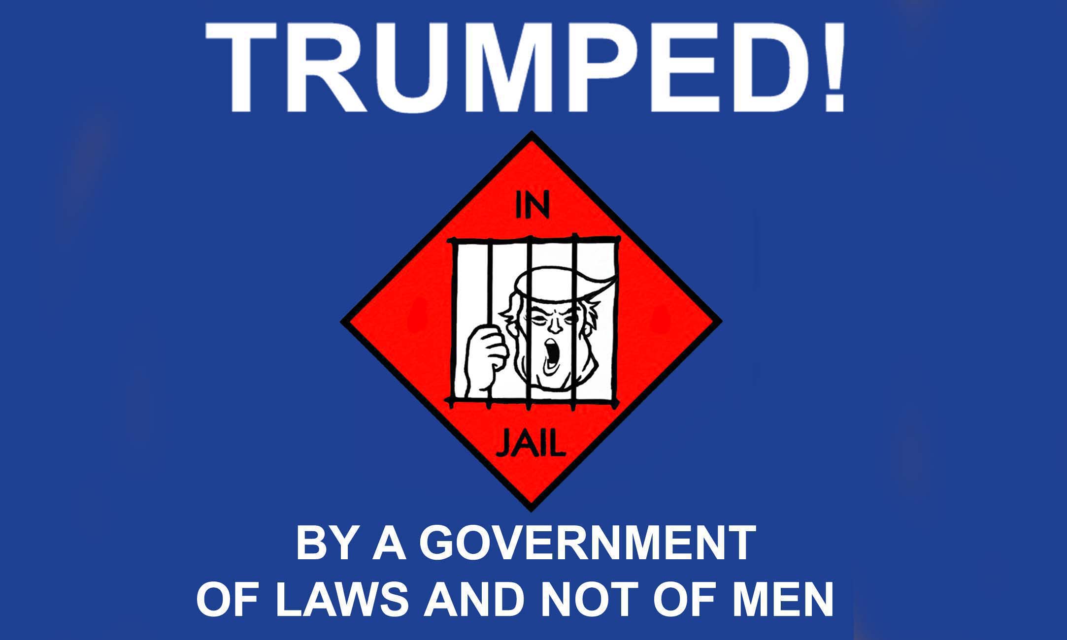 Anti-Trump Flag: A warning flag with a caricature of the face of Donald Trump behind bars in jail and a motto added
