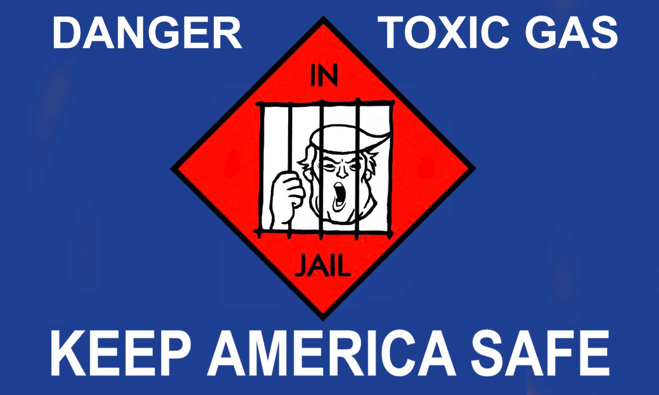 Anti-Trump Flag: A warning flag with a caricature of the face of Donald Trump behind bars in jail and a motto added