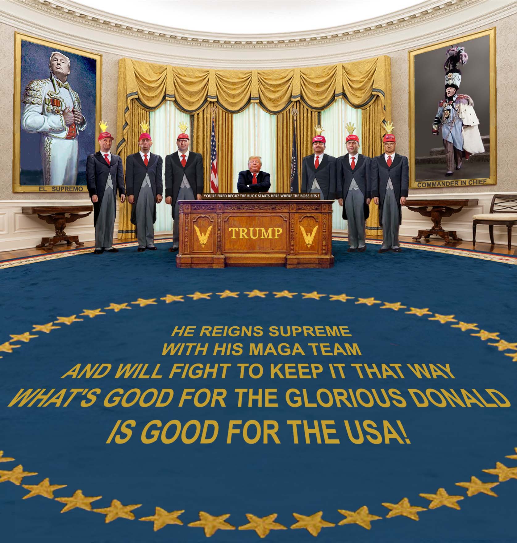 Donald Trump seated at his desk in the Oval Office at the White House and flanked on both sides by his yes men